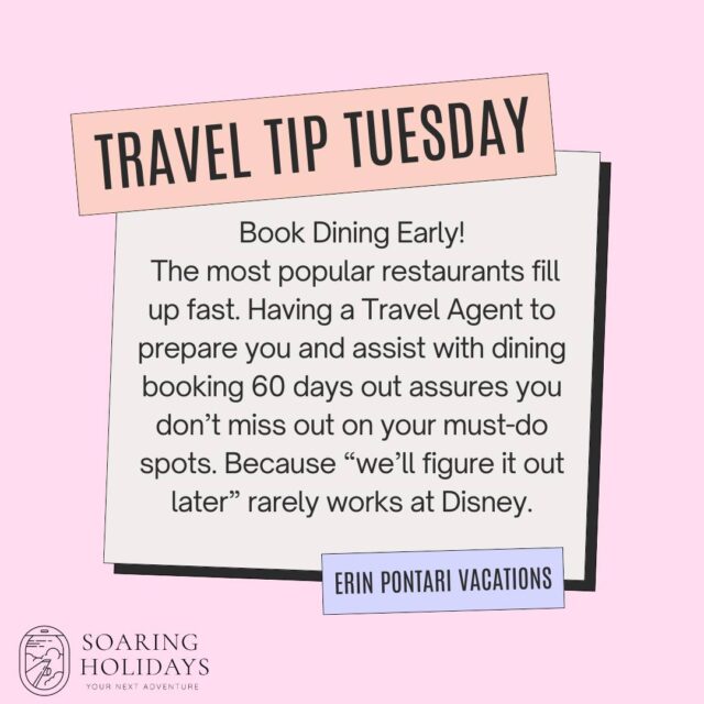 It's TRAVEL TIP TUESDAY!
Don’t leave your meals to chance! 🍽️ Booking dining early means snagging the spots everyone wants. I can help make sure you are fully prepared—so you spend less time worrying and more time enjoying the magic.