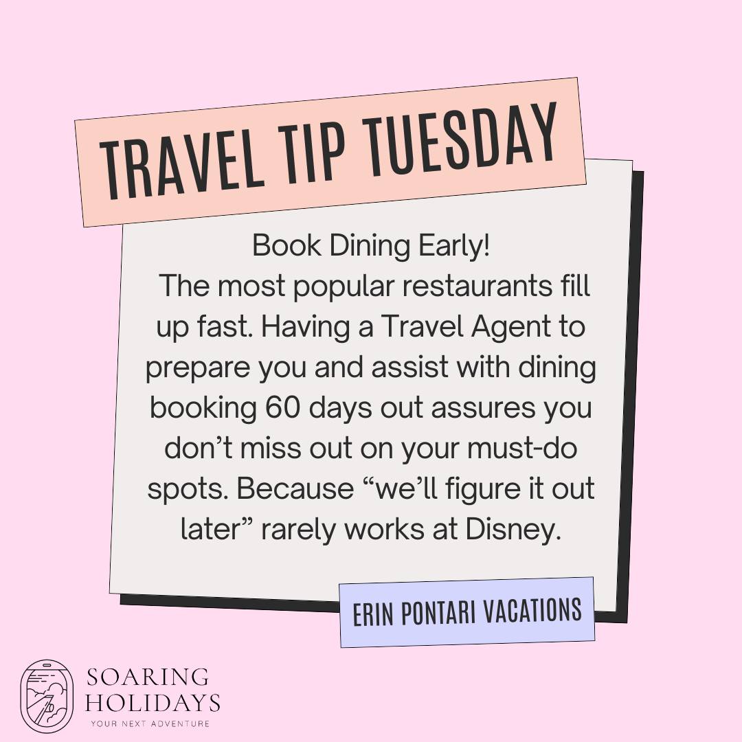 It's TRAVEL TIP TUESDAY!
Don’t leave your meals to chance! 🍽️ Booking dining early means snagging the spots everyone wants. I can help make sure you are fully prepared—so you spend less time worrying and more time enjoying the magic.