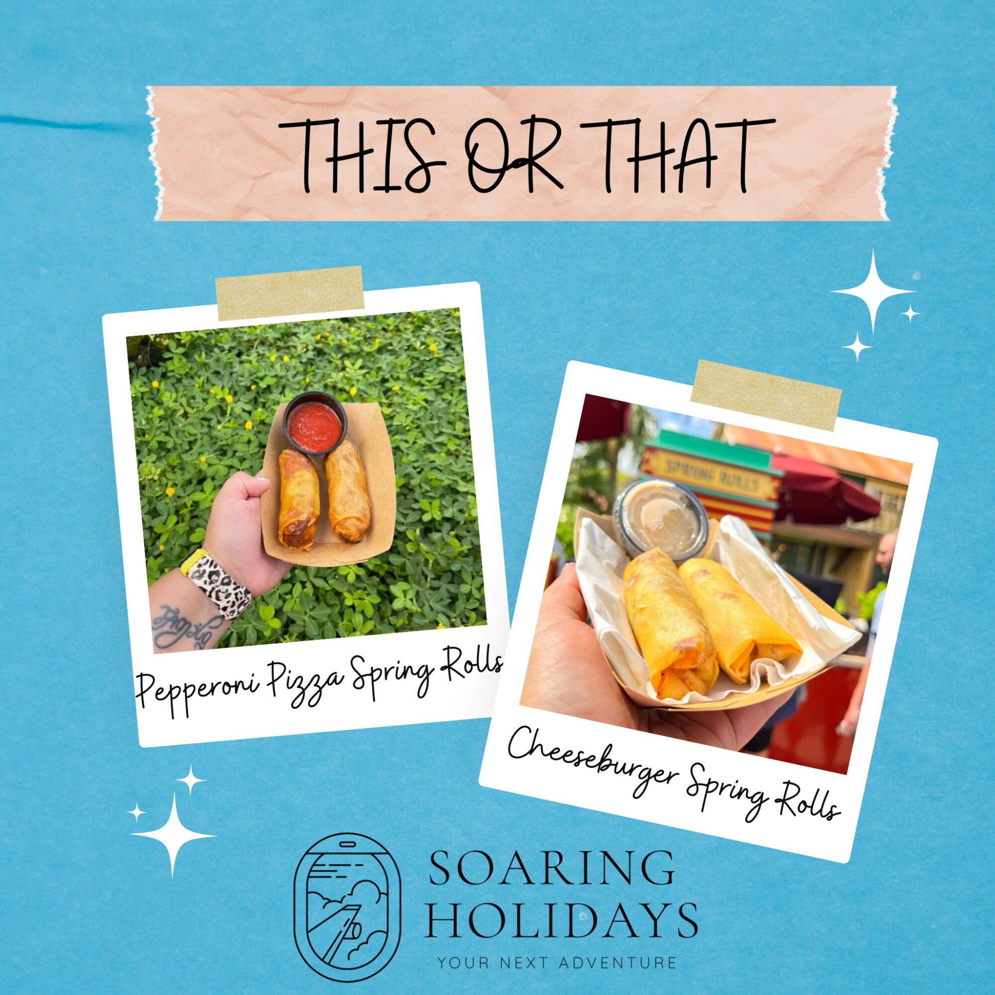 It's THIS or THAT Thursday!
This is my must-do snack on every visit to Magic Kingdom! Are you going for the Pepperoni Pizza 🍕 or the Cheeseburger 🍔 Spring Rolls?