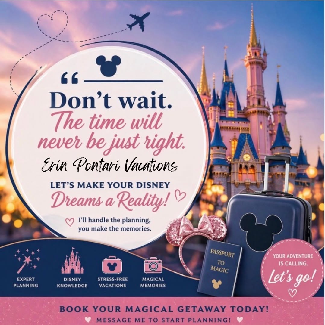“Don’t wait. The time will never be just right.”

If you’ve been dreaming about that Disney or Universal vacation, consider this your sign. ✨ There will always be a reason to wait—school schedules, work, busy seasons… but the “perfect” time? It rarely shows up.

Meanwhile, the magic is happening every single day. 🏰🎢
Fireworks lighting up the sky, castle views that stop you in your tracks, butterbeer in hand in The Wizarding World, and those unforgettable moments your family will talk about for years.

You don’t need perfect timing to experience it—you just need to decide to go. 💫
Because the memories you make walking down Main Street or riding your favorite attractions will always be worth it.

Stop waiting for someday… let’s start planning today. ❤️✨
Your dream Disney or Universal vacation is closer than you think—and I’d love to help make it happen!